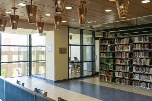 two students working in the library building